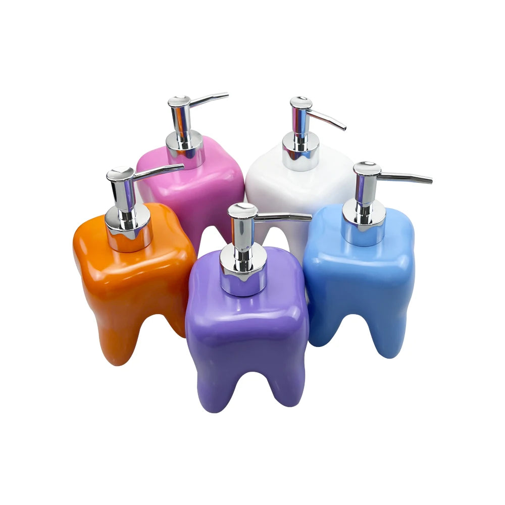 distributeur savon liquide forme dent bleu rose orange violet moderne