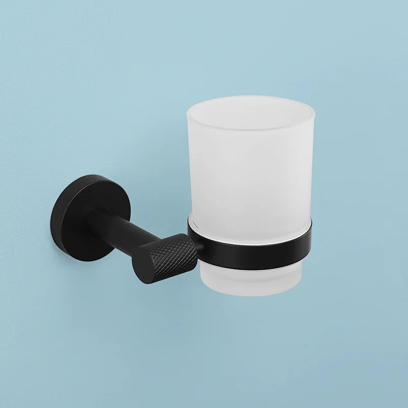 accessoires salle bain noir mat modernes fixations papier toilette verre dents brosse dents