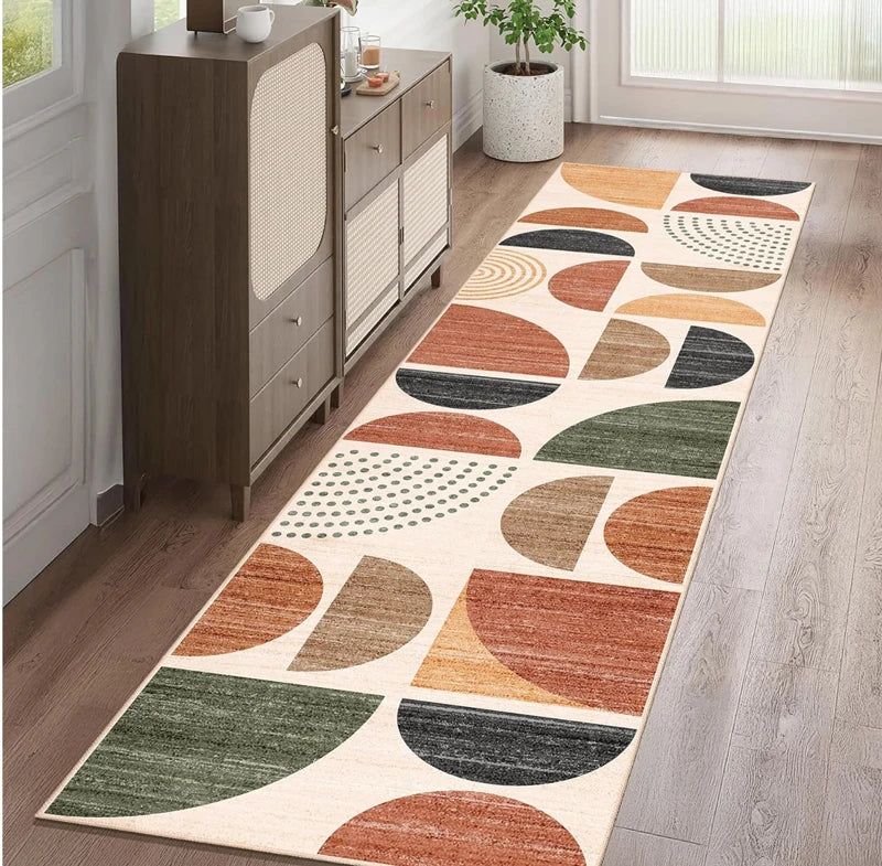 tapis moderne long motifs géométriques demi cercles couleurs variées texture douce rapide sécher