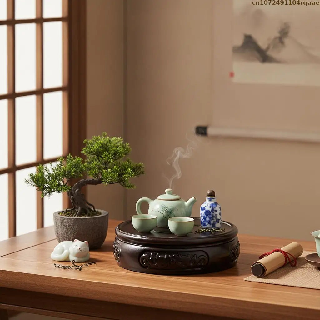 support bois sculpté théière pot jade présentation décorative meubles rétro classique chinois trépied artisanal