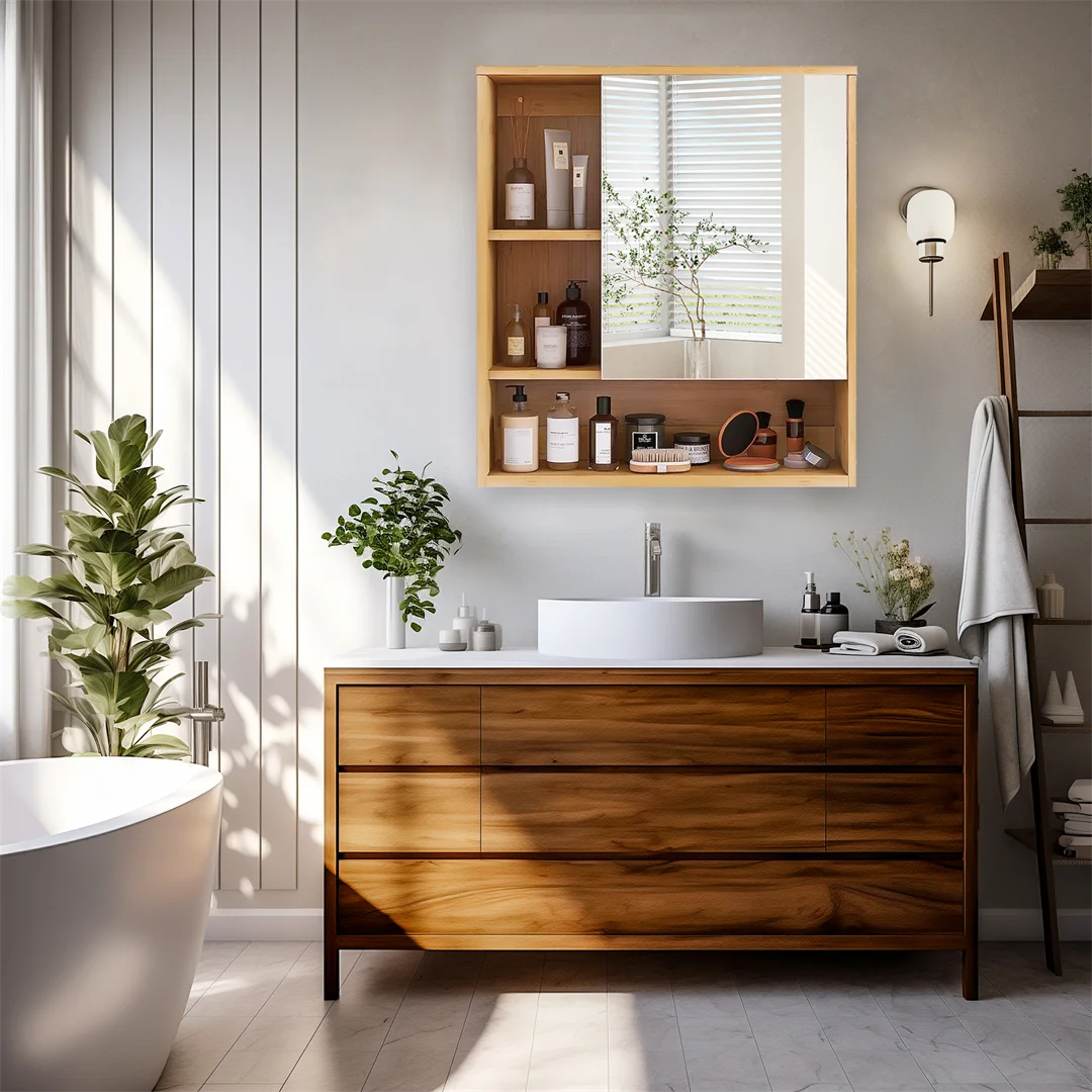 meuble salle bain miroir moderne bois naturel étagères ajustables cosmétiques rangement fixations murales