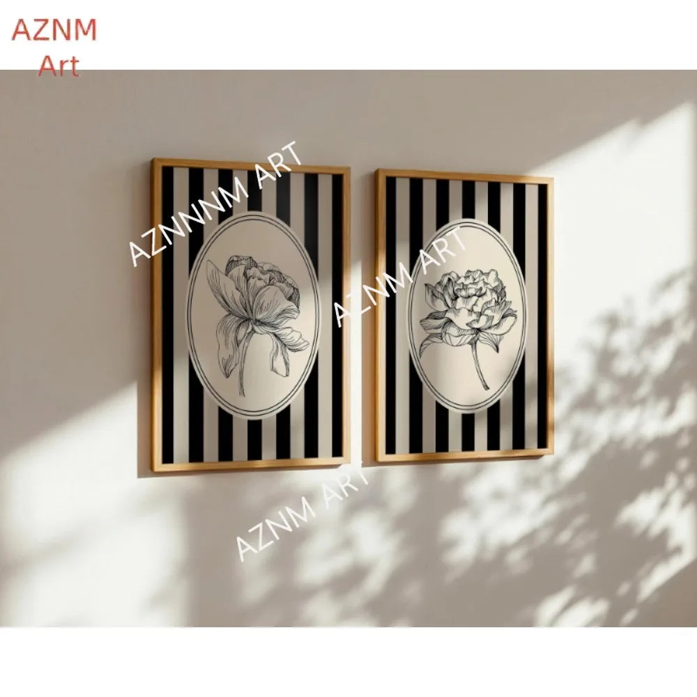 affiche art minimaliste fleur ovale rayures horizontales noir blanc beige cadre bois decoration murale
