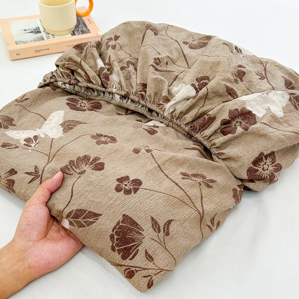 housse matelas coton lin plaid fleurs papillons moderne beige marron blanc double oreillers