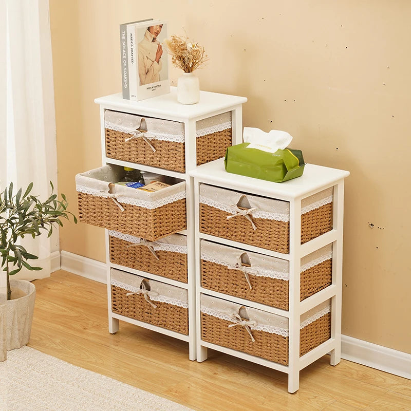 meuble tiroirs blanc rustique paniers osier tissu beige vintage chambre coucher minimaliste moderne