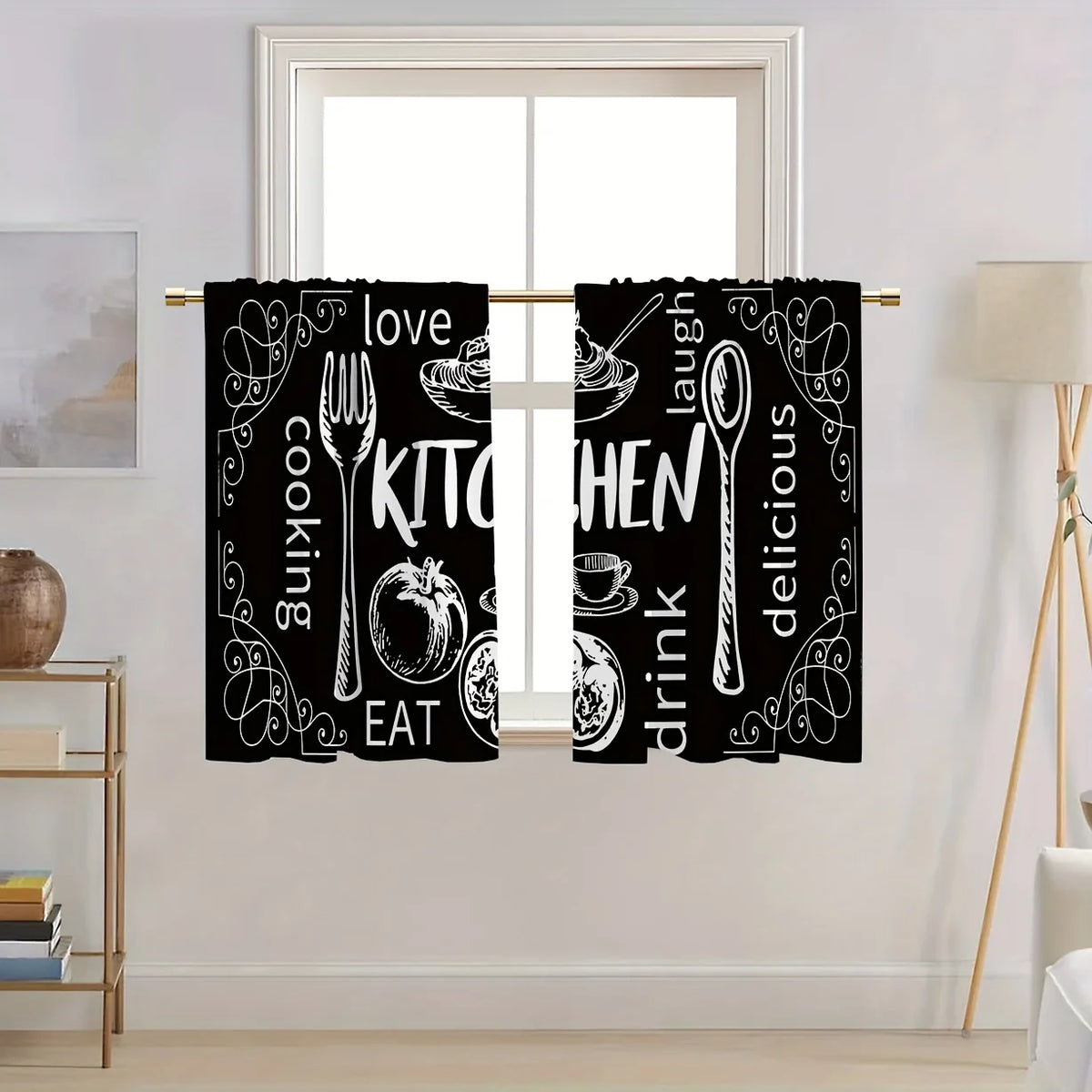 rideau cuisine noir blanc motifs ustensiles vintage semi transparent salon