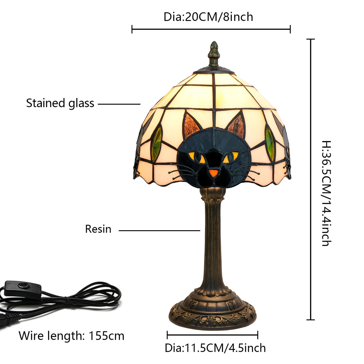 lampe table tiffany vitrail chat noir blanc contemporain interrupteur bouton stained glass