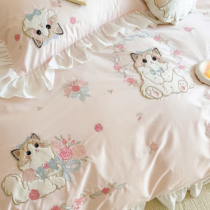 ensemble literie rose broderies chats fleurs ultra doux drap oreillers romantique