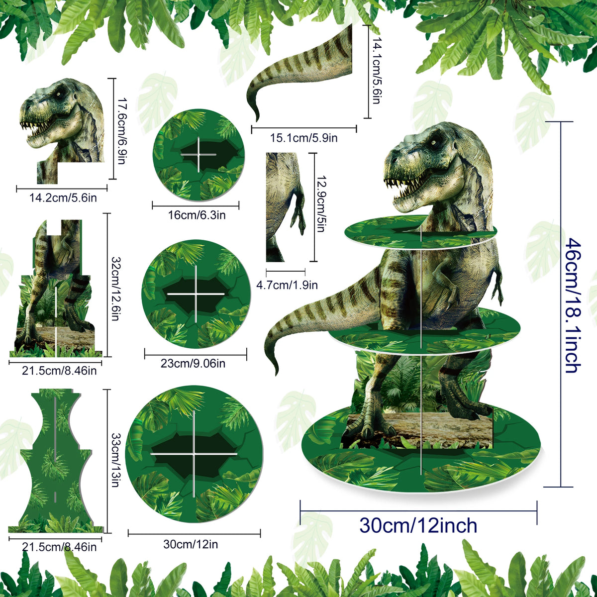 présentoir cupcakes forme dinosaure feuilles vertes moderne anniversaire decoration verte grisées desserts table festive