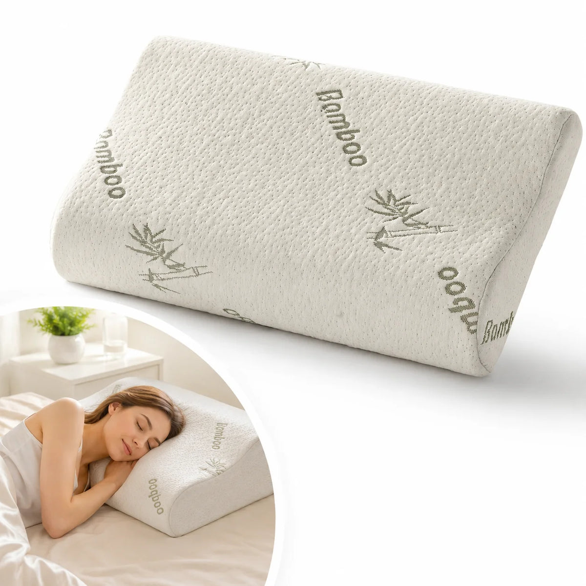 coussin mémoire forme fibre bambou imprimé blanc ergonomique zip taie amovible support cou lit