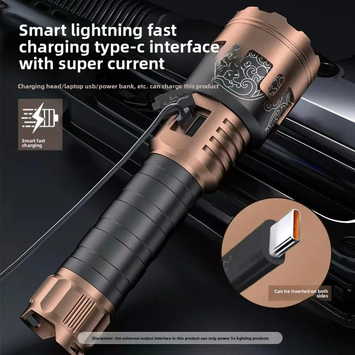 torche led rechargeable zoom lcd modes étanche puissance lumineuse alloy outdoor nuit