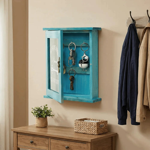 boîte clés murale bois vieilli bleu turquoise marron rustique vintage verre opalin crochets fixations