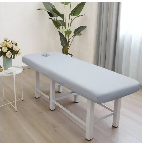 table massage gris blanc vert clair rose pâle uni moderne pieds métalliques couvre lit