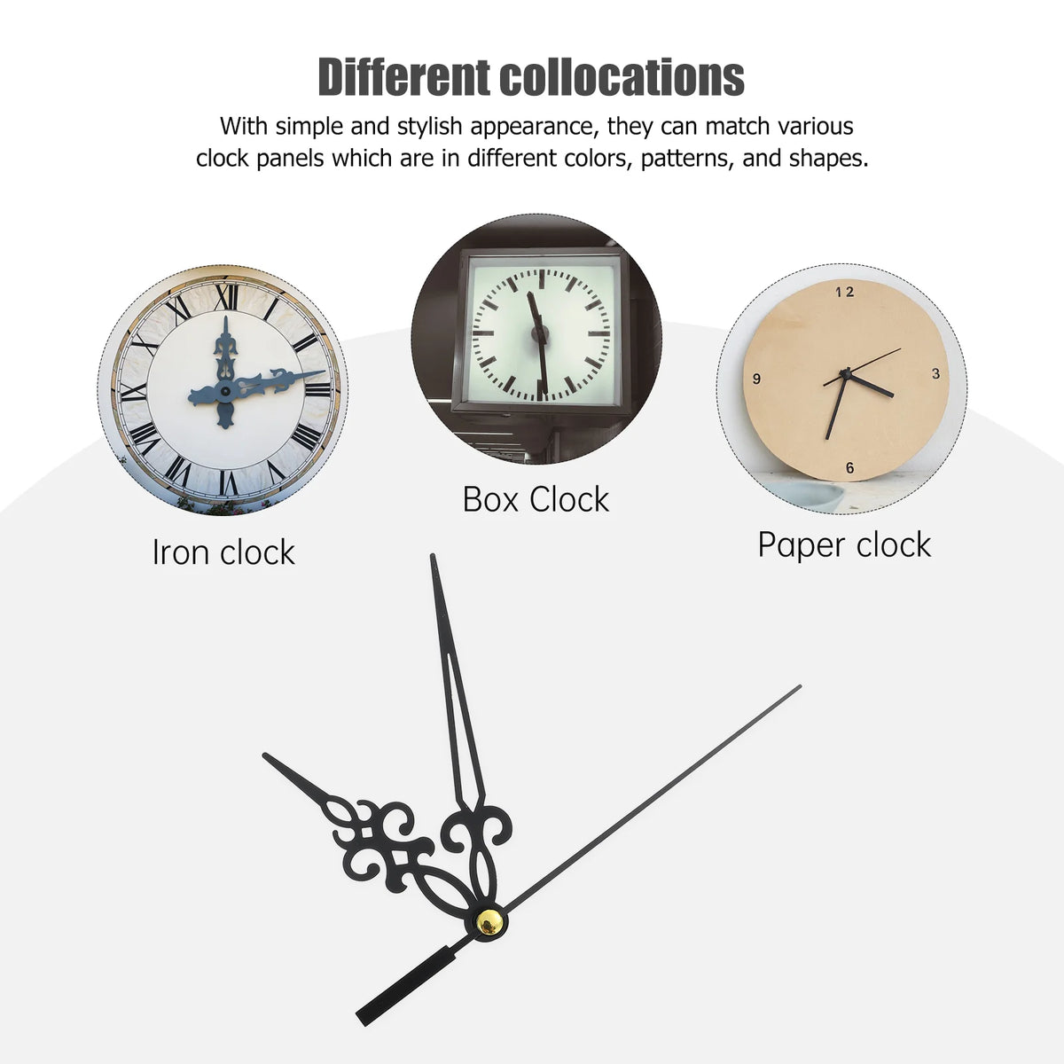 kits réparation horloge quartz aiguilles noires or argent rouges blanches motifs étoiles volutes horloges