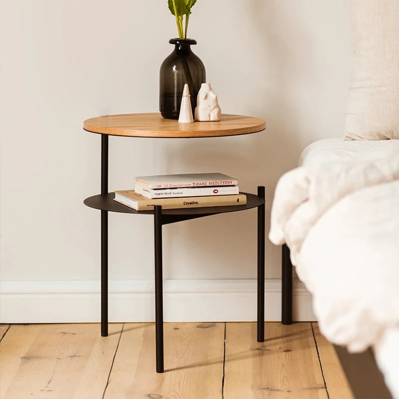 table d'appoint double niveau bois minimaliste moderne table basse pieds métalliques maison noir walnut