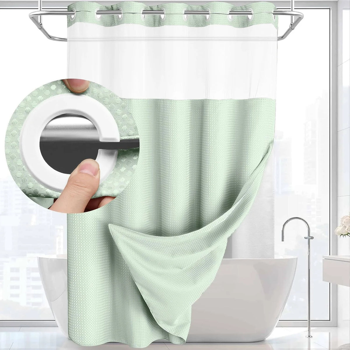 rideau douche moderne gris vert blanc tissé points transparent waterproof anneaux 72x74inch
