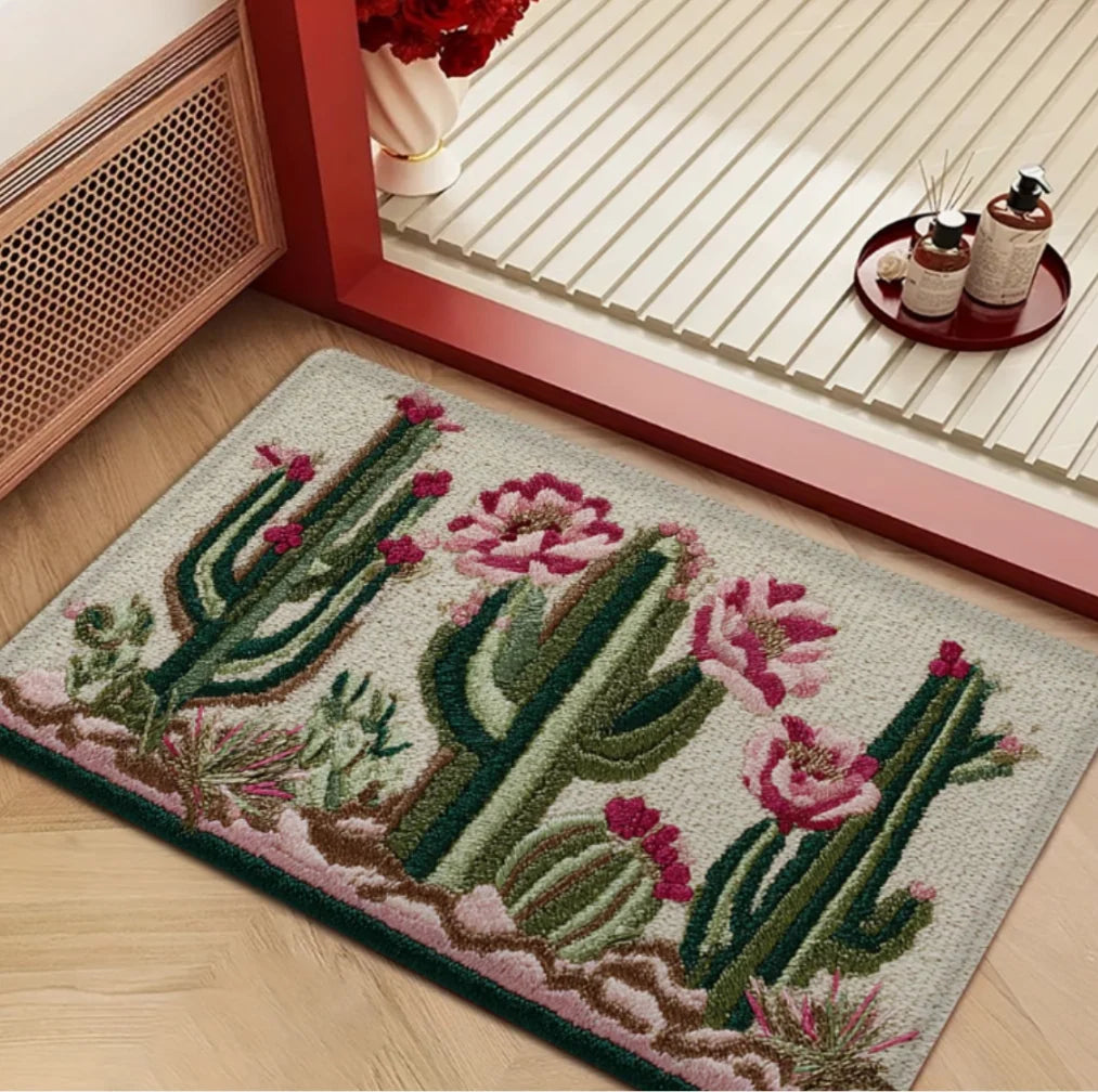 tapis moderne cactus fleurs vert blanc résistant antidérapant 40x60cm 50x80cm