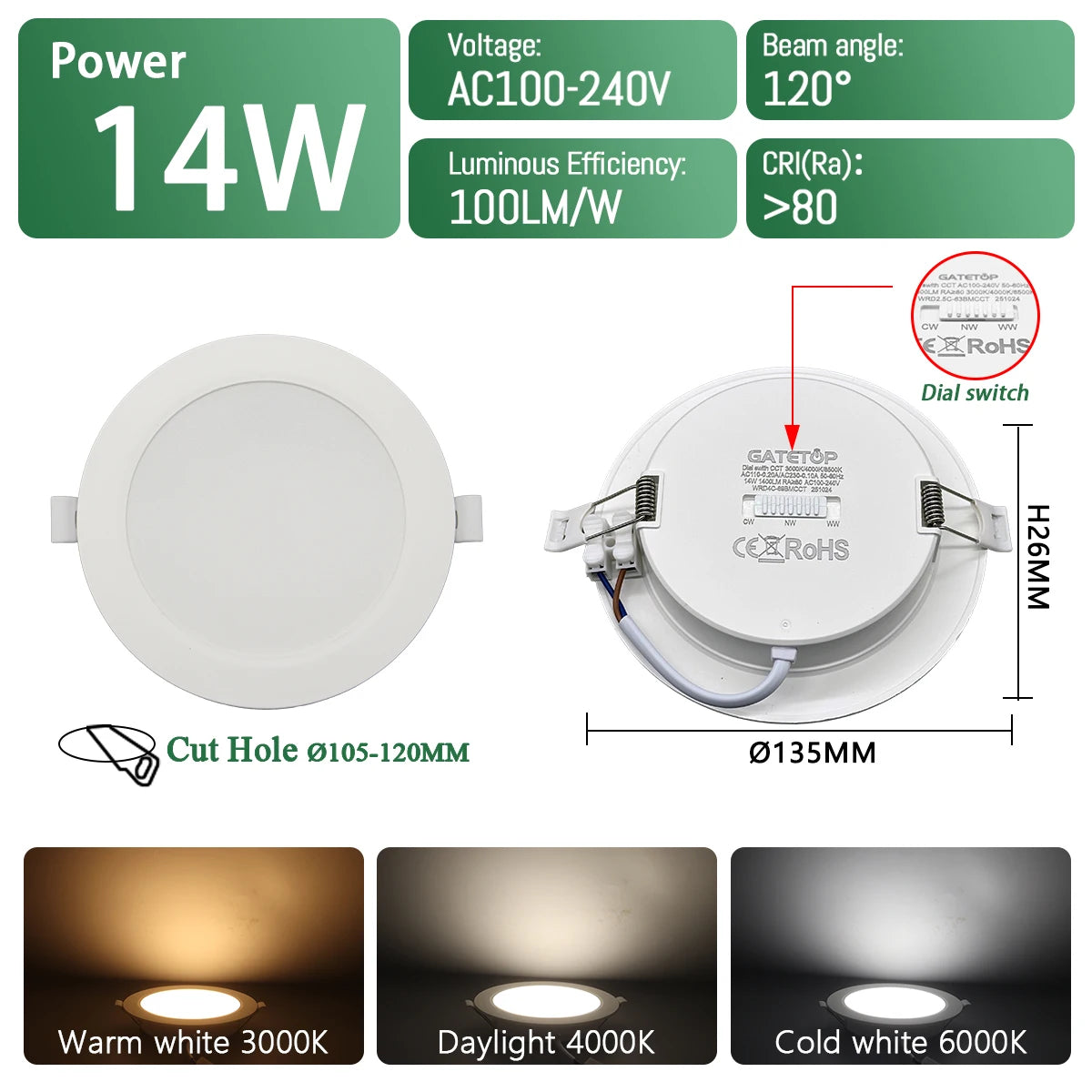 spot led blanc moderne 3000k 4000k 6500k interrupteur cct 75mm 90mm