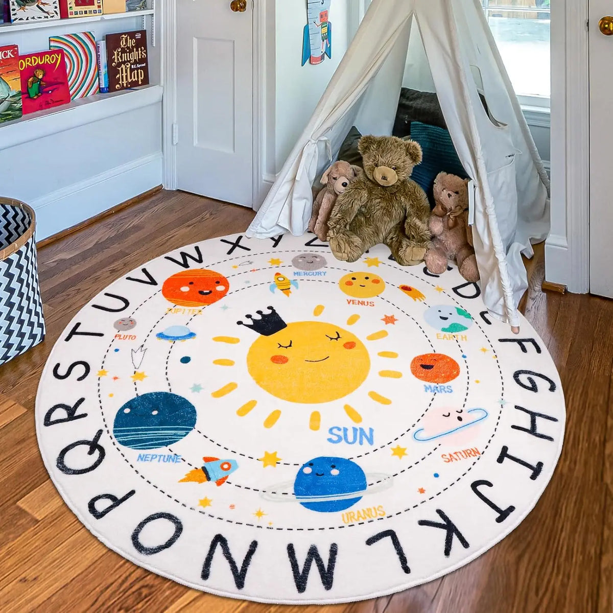 tapis rond moderne alphabet planètes floral chambre enfant éducatif 40cm 80cm 120cm polyester blanc