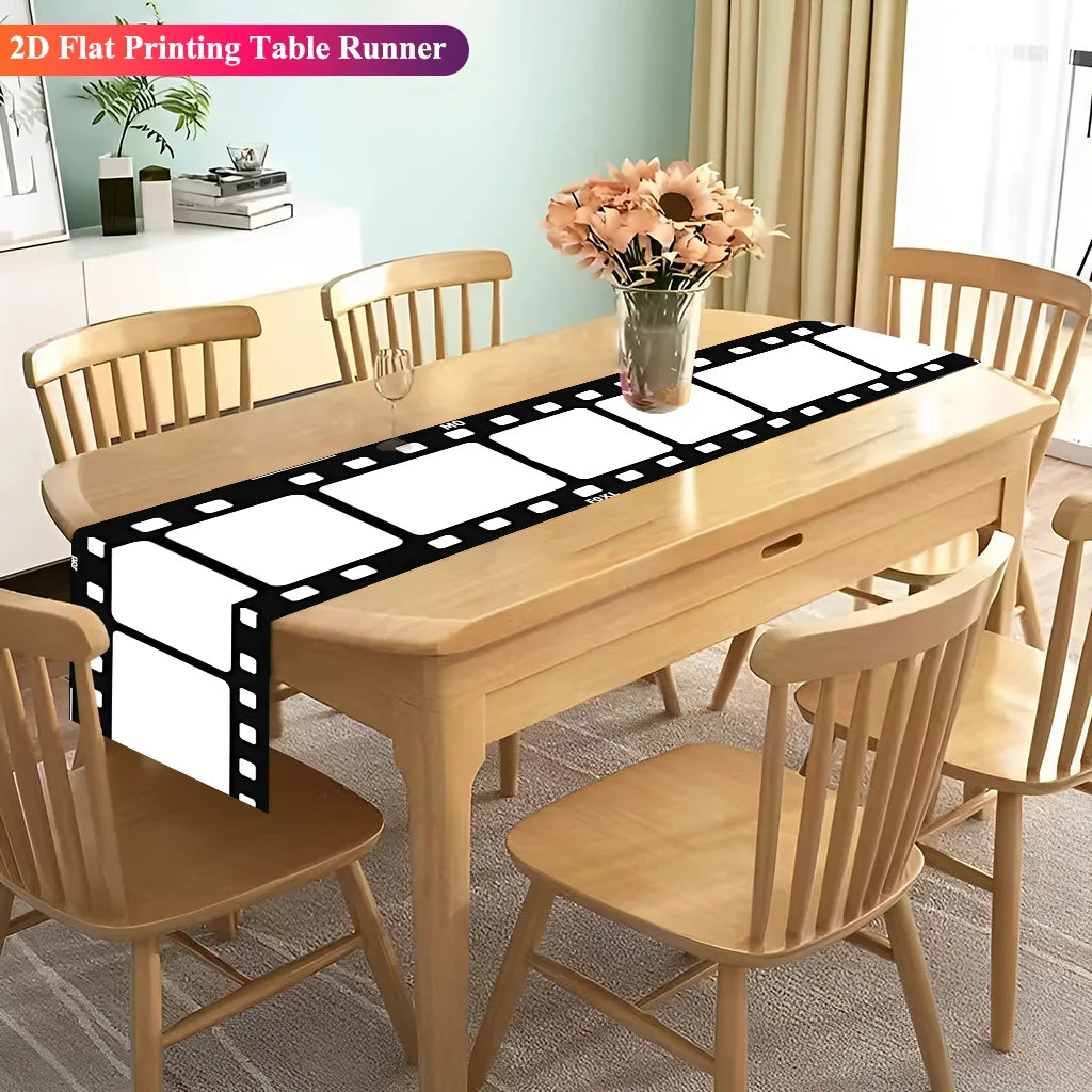 nappe runner motif film argentique deco cinema noir blanc polyeste lin maison festive
