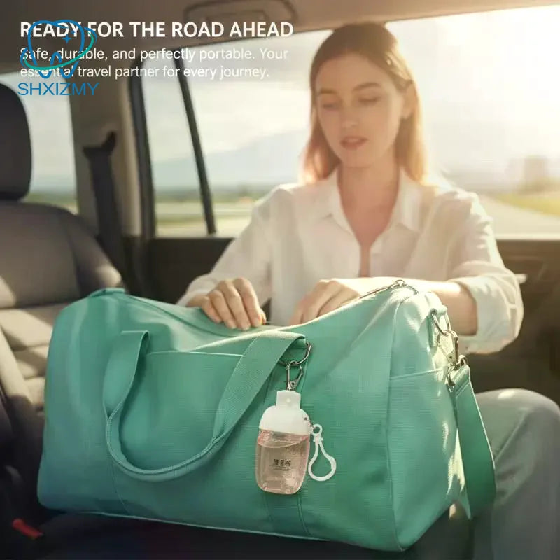 sac voyage bouteilles rangement transparentes couleurs vert bleu rose pratique moderne anneaux fixation