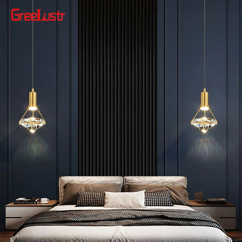 suspension lumineuse moderne cristal or transparent chambre salon led minimaliste