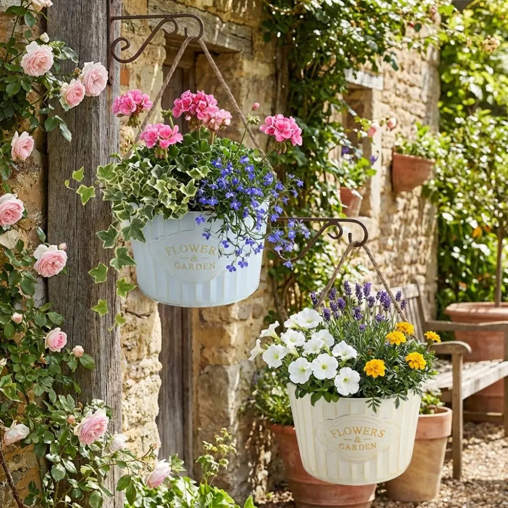 pots fleurs suspendus vintage bleu clair rayures flowers garden rustique beige opaques