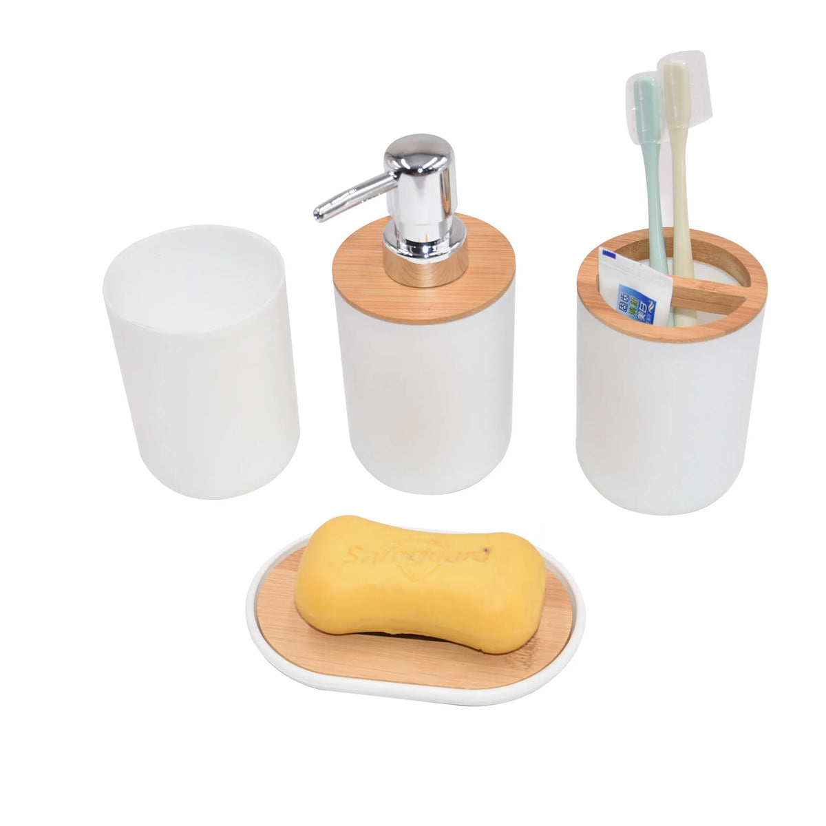 ensemble accessoires salle bain bambou distributeur savon porte brosse dents plateau tasse moderne