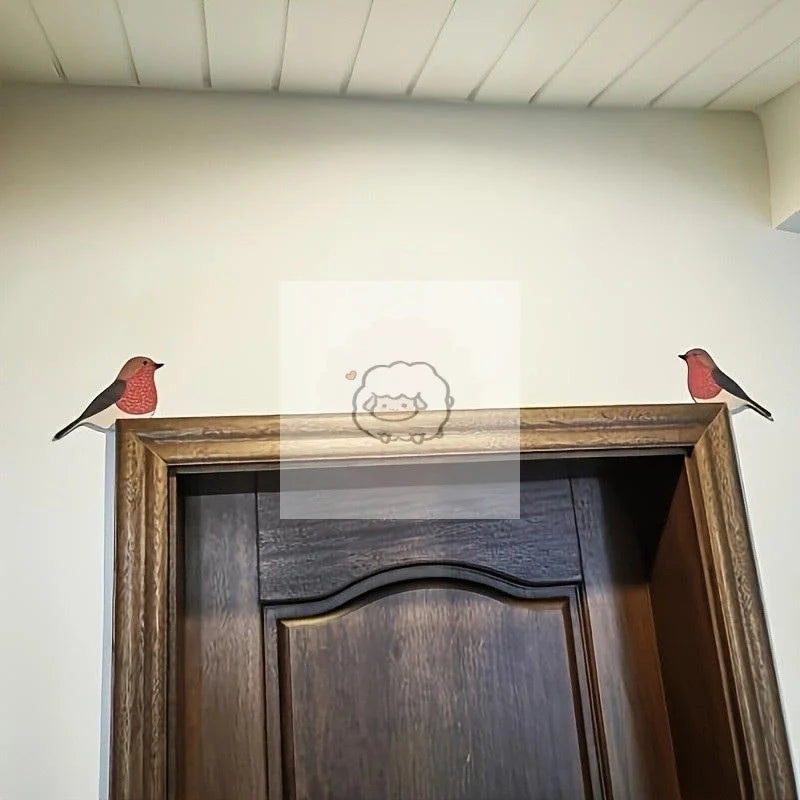 décoration intérieure oiseau bois rouge marron noir points blancs adhésif cadre porte illustration réaliste