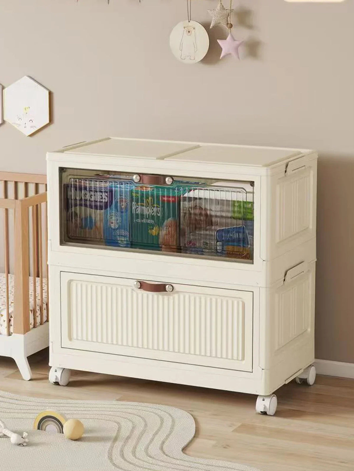 meuble rangement modulable pliable blanc rayures verticales moderne roulettes almacenamiento eficiente