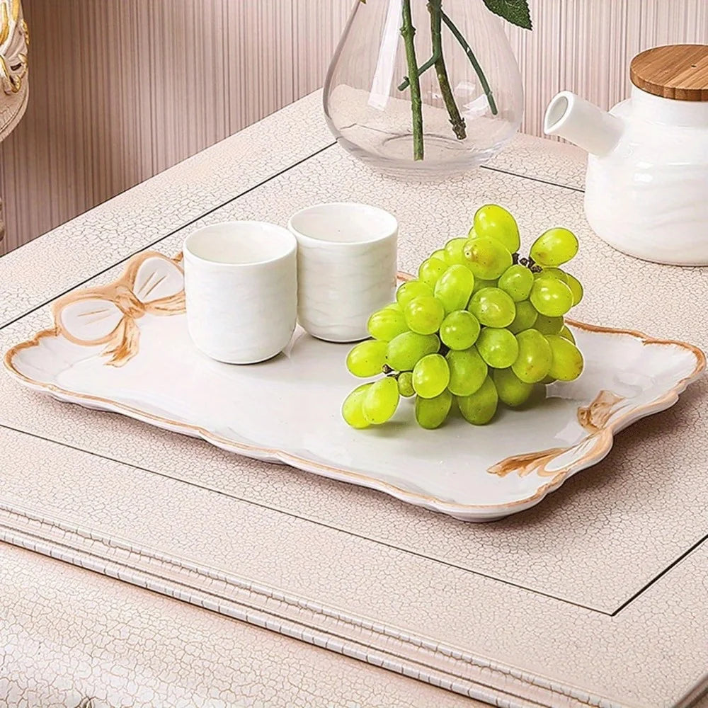 plateau rectangulaire élégant blanc rose pastel bordure dorée motif noeud