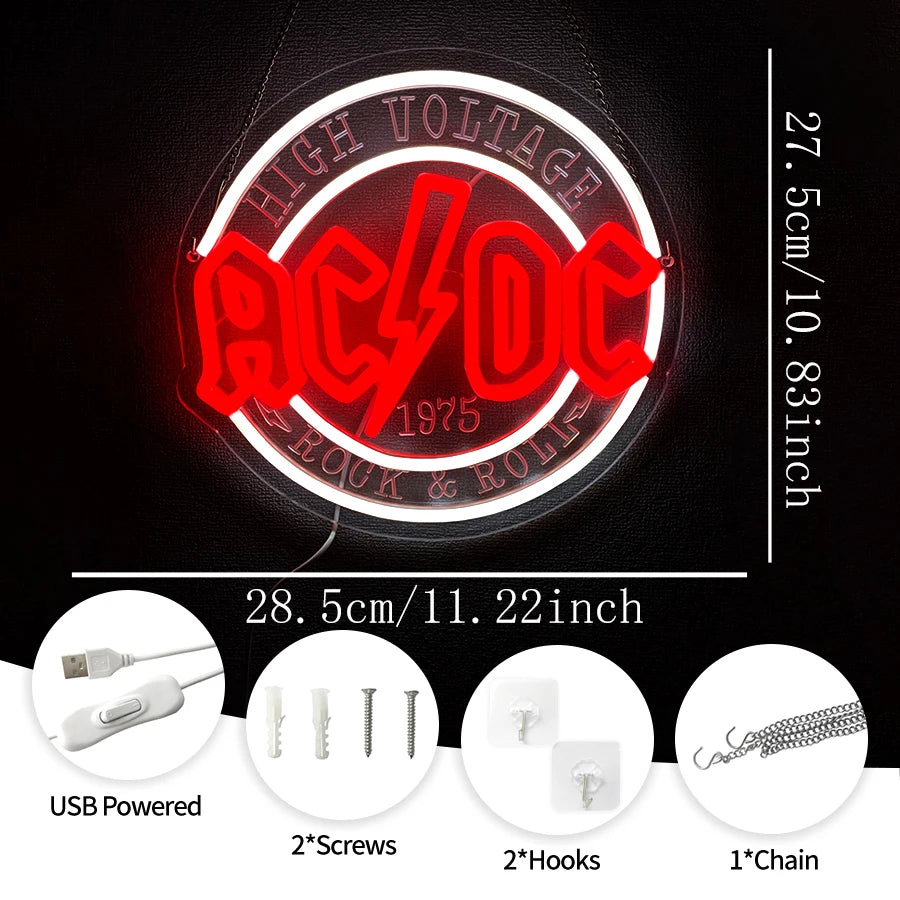 néon lumineux rock roll ac dc high voltage couleurs vives logo texte fixations
