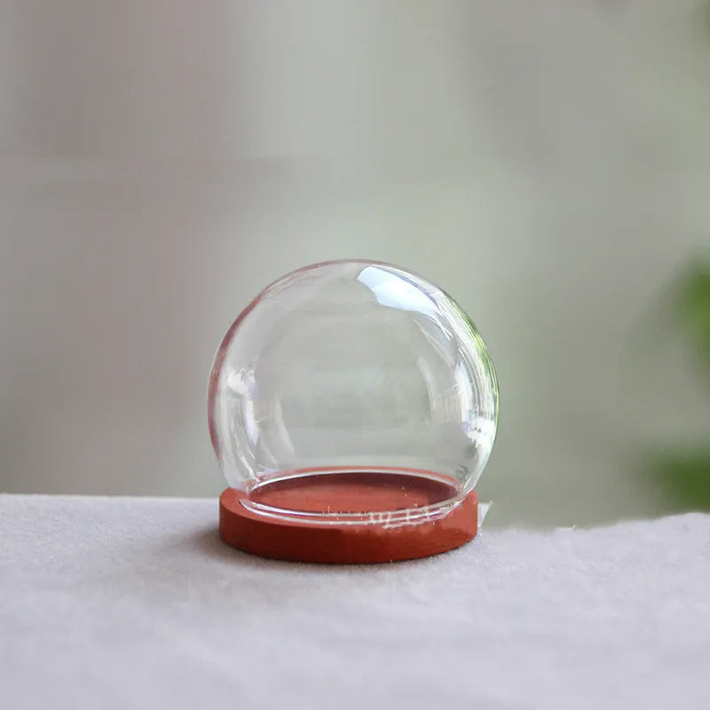 vase boule verre transparent base bois couvercle fleurs séchées