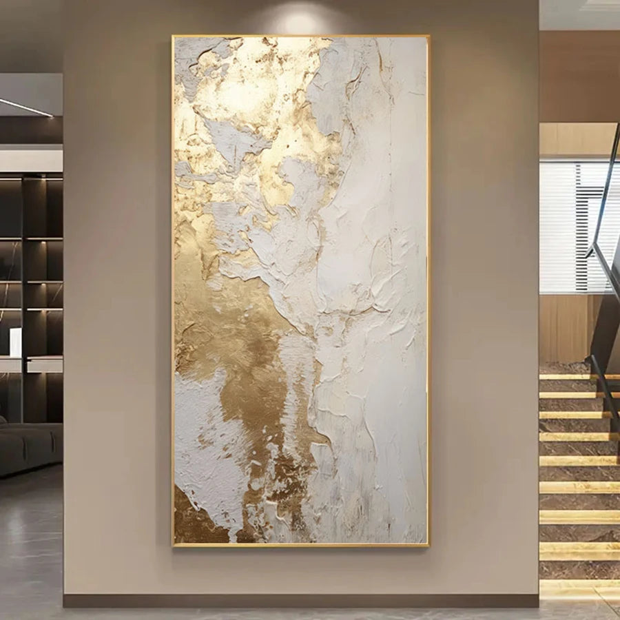 tableau abstrait contemporain toile texturée blanc doré salon chambre sans cadre vertical