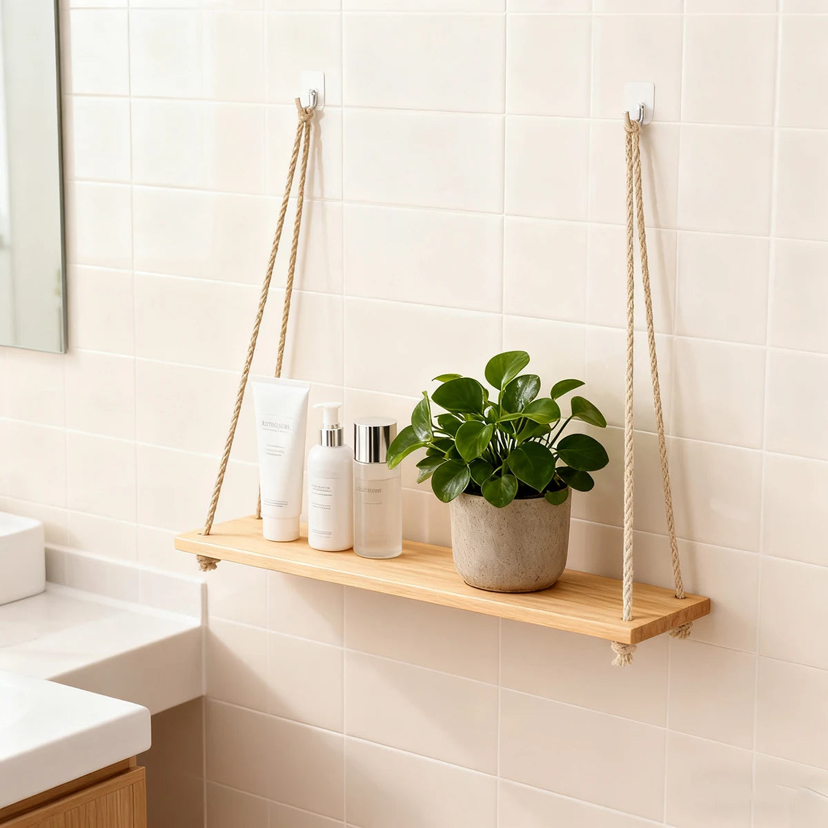 étagère suspendue bois naturel rustique sans motif opaque plantes décoration livres objets
