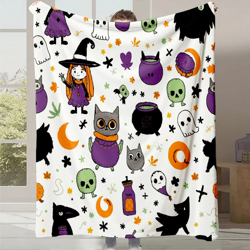 Motif Halloween avec des personnages mignons et amusants, comme des sorcières, des chats noirs, des fantômes et des citrouilles, sur un fond blanc avec des éléments décoratifs comme des étoiles et des feuilles d'automne.