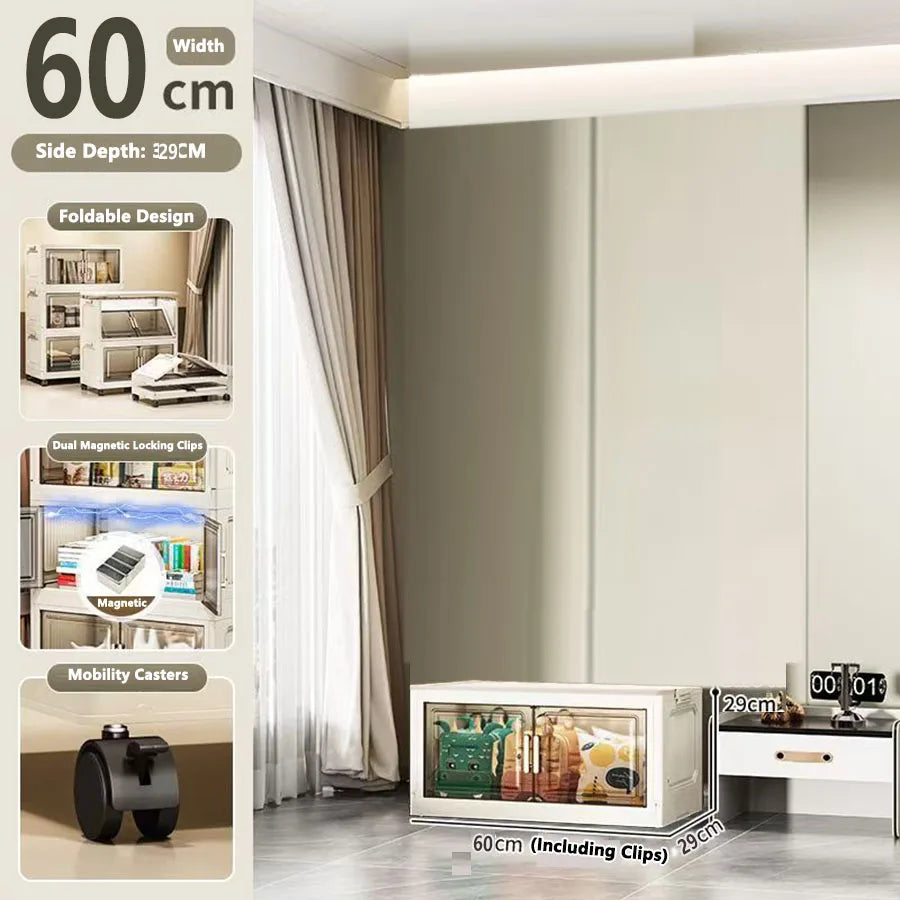 meuble rangement modulable blanc roulettes portes transparentes rayures verticales modernes