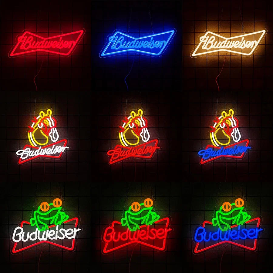 enseigne lumineuse néon logo budweiser grenouille couleur rouge bleu jaune vert fixations câble usb