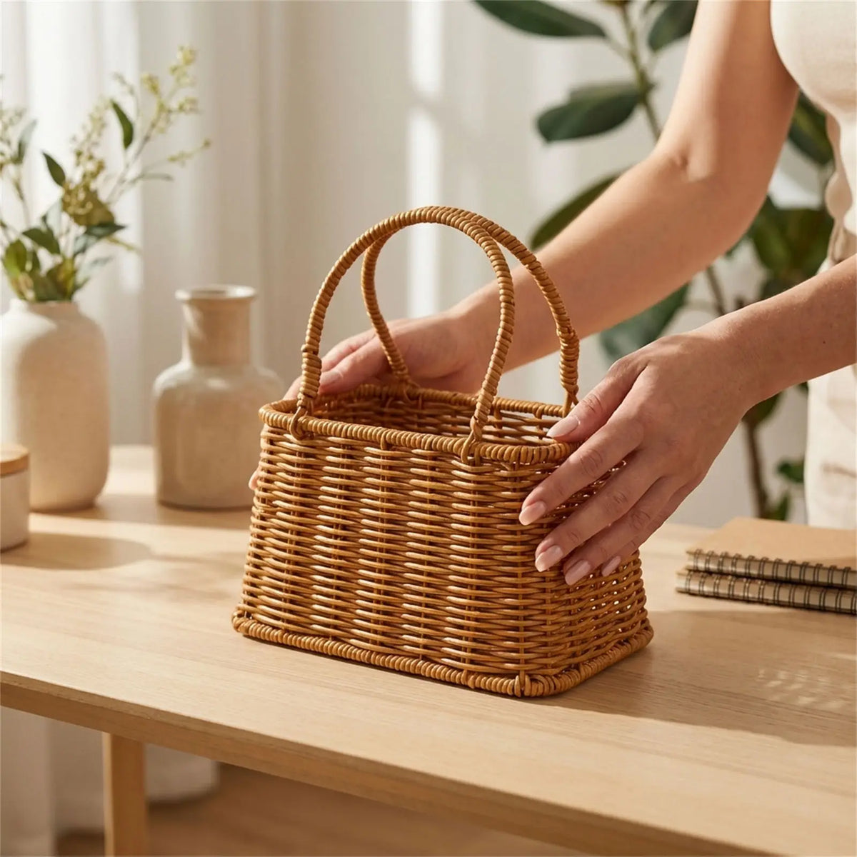 panier tressé marron clair rose rangement stockage bohème minimaliste respectueux environnement multifonctionnel