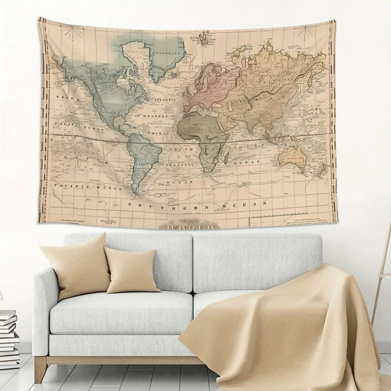 tapisserie murale carte monde ancienne beige vert bleu rose vintage opacité totale décoration intérieure