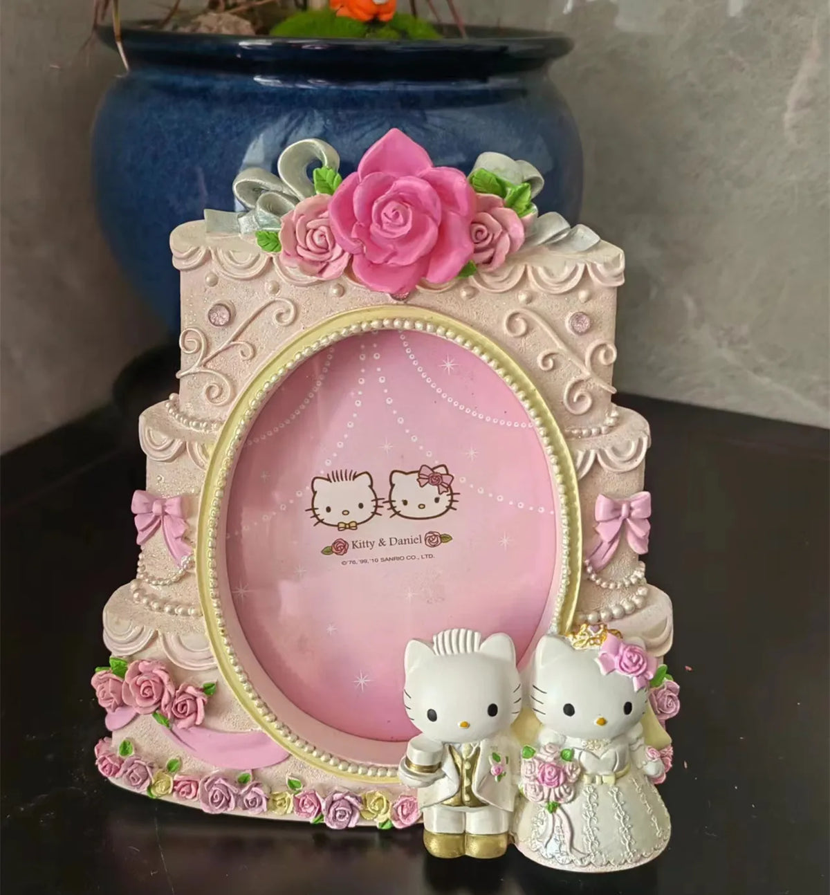 cadre photo résine rose blanc décoration strass roses relief chats ovale romantique vintage