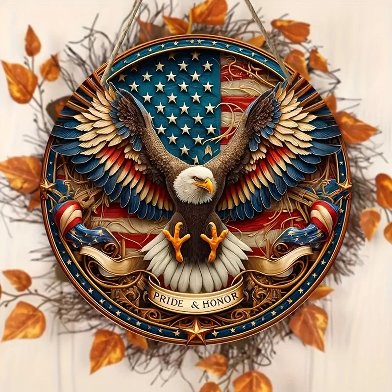 décoration murale plaque bois aigle drapeau américain bleu blanc rouge porte porche