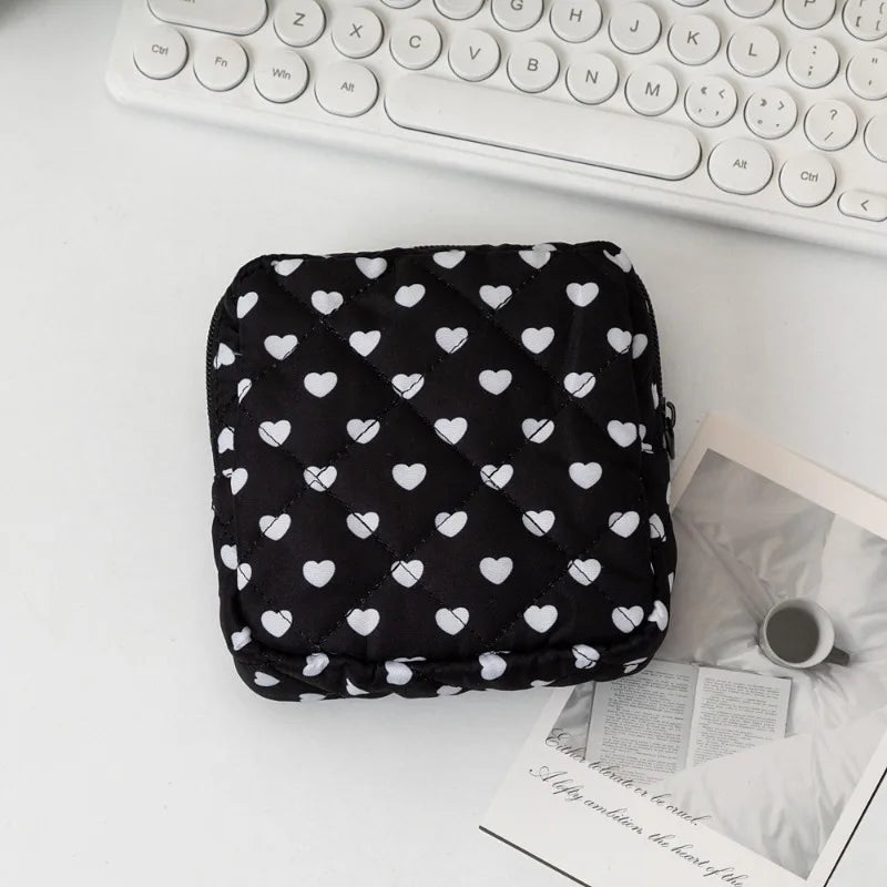 Sac cosmétiques polyestère noir blanc rose bleu cuir mat fermeture glissière poudre compacte brosse