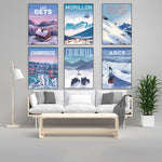 Cette image présente une collection d'affiches de stations de ski avec des illustrations stylisées des paysages montagneux, des remontées mécaniques et des villages enneigés, créant une ambiance hivernale et idyllique.