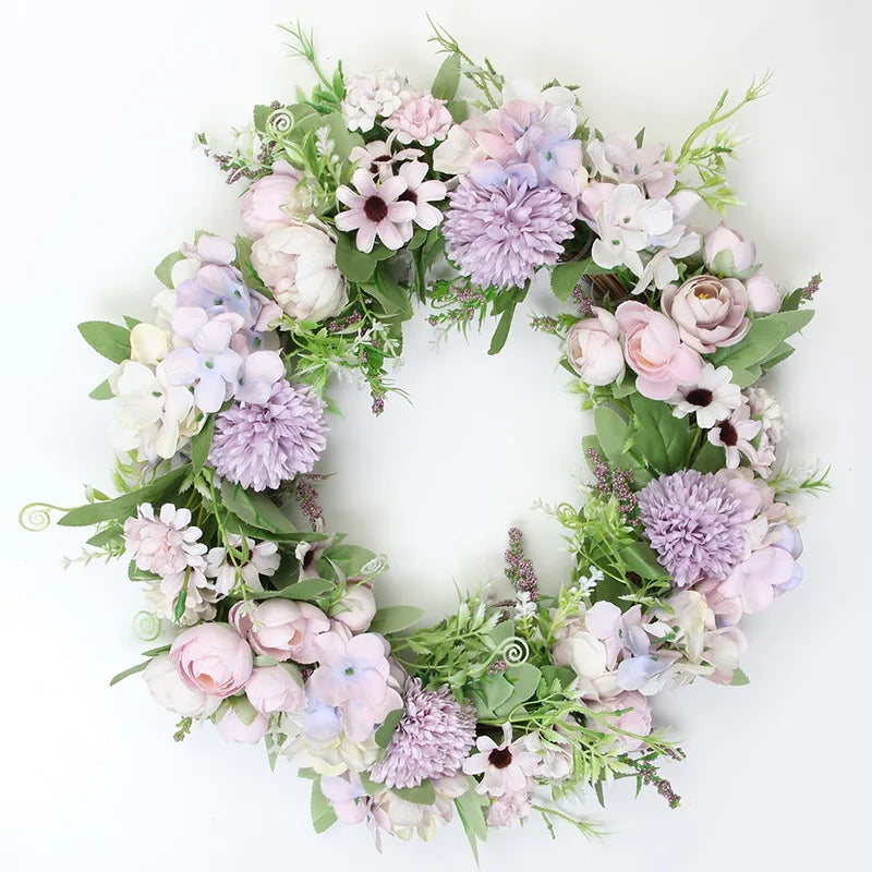 décoration murale couronne florale artificielle rose clair blanc vert rustique