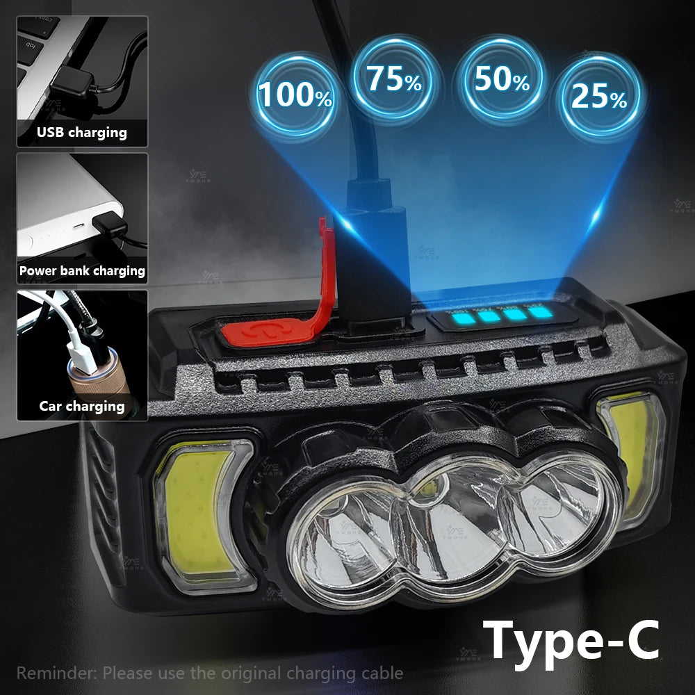 lampe frontale led rechargeable noire jaune rouge randonnée camping modes étanche self défense