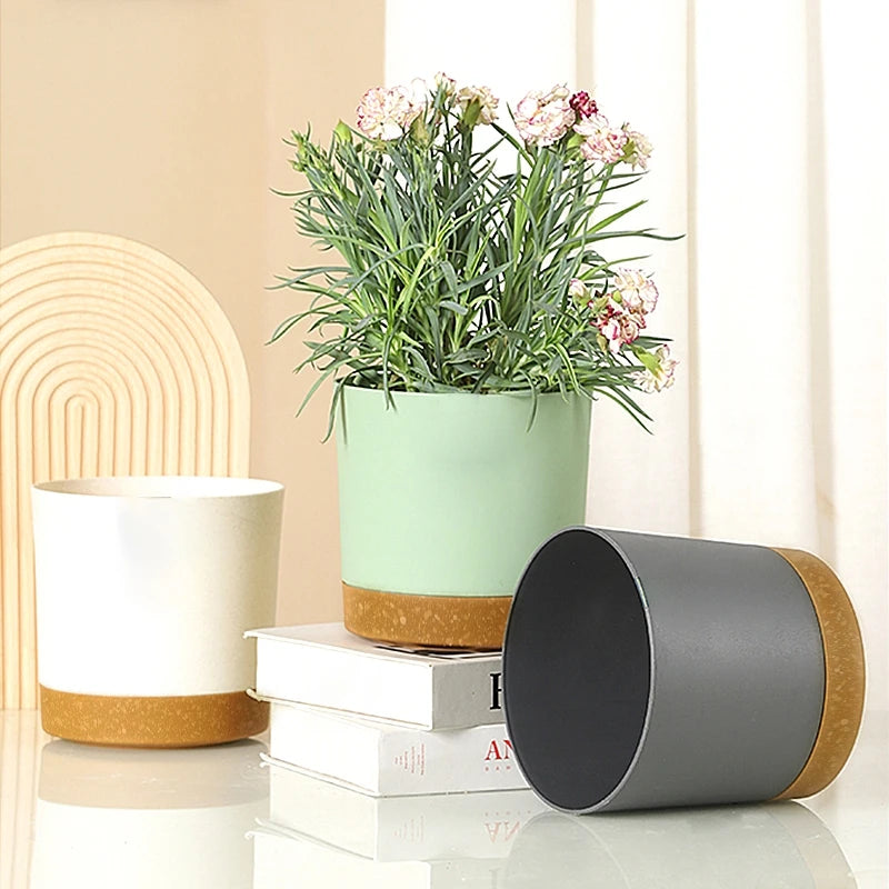Pots fleurs modernes plastique vert pastel gris beige béton ciré drainage diversosité tailles