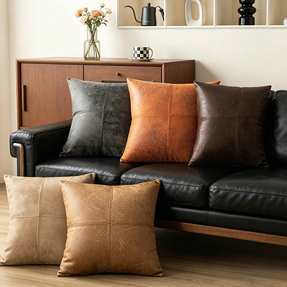 housse coussin effet cuir gris marron beige décoration intérieure moderne 45x45 cm