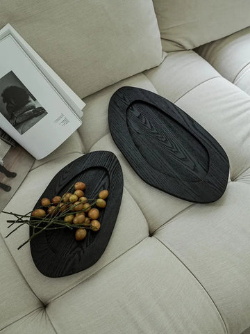 assiette ovale bois noire moderne plateau dessert fruits plante artificielle verre
