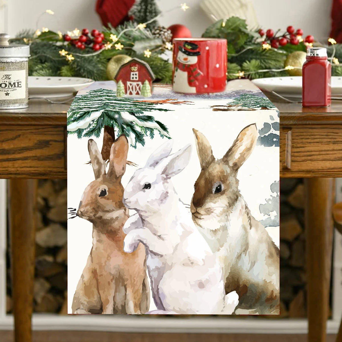 table noel chemin blanc motif flocon renne decoration festive polyester