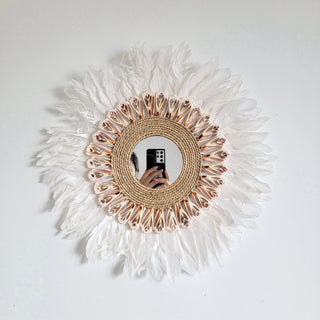 miroir mural plumes coquillages bohème naturel tressé deco ethnique tropical central rond